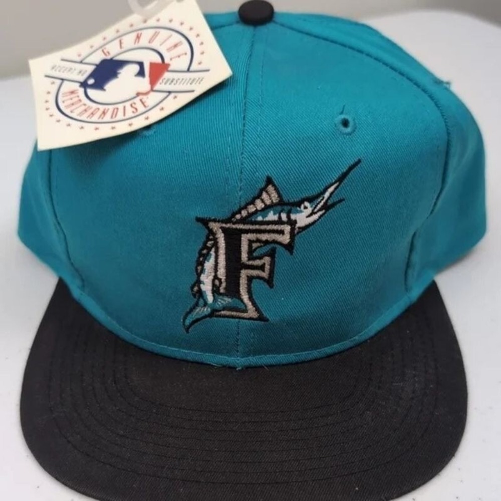 Vintage 90s Florida Marlins Logo 7 Teal Snapback Baseball Hat NWT
